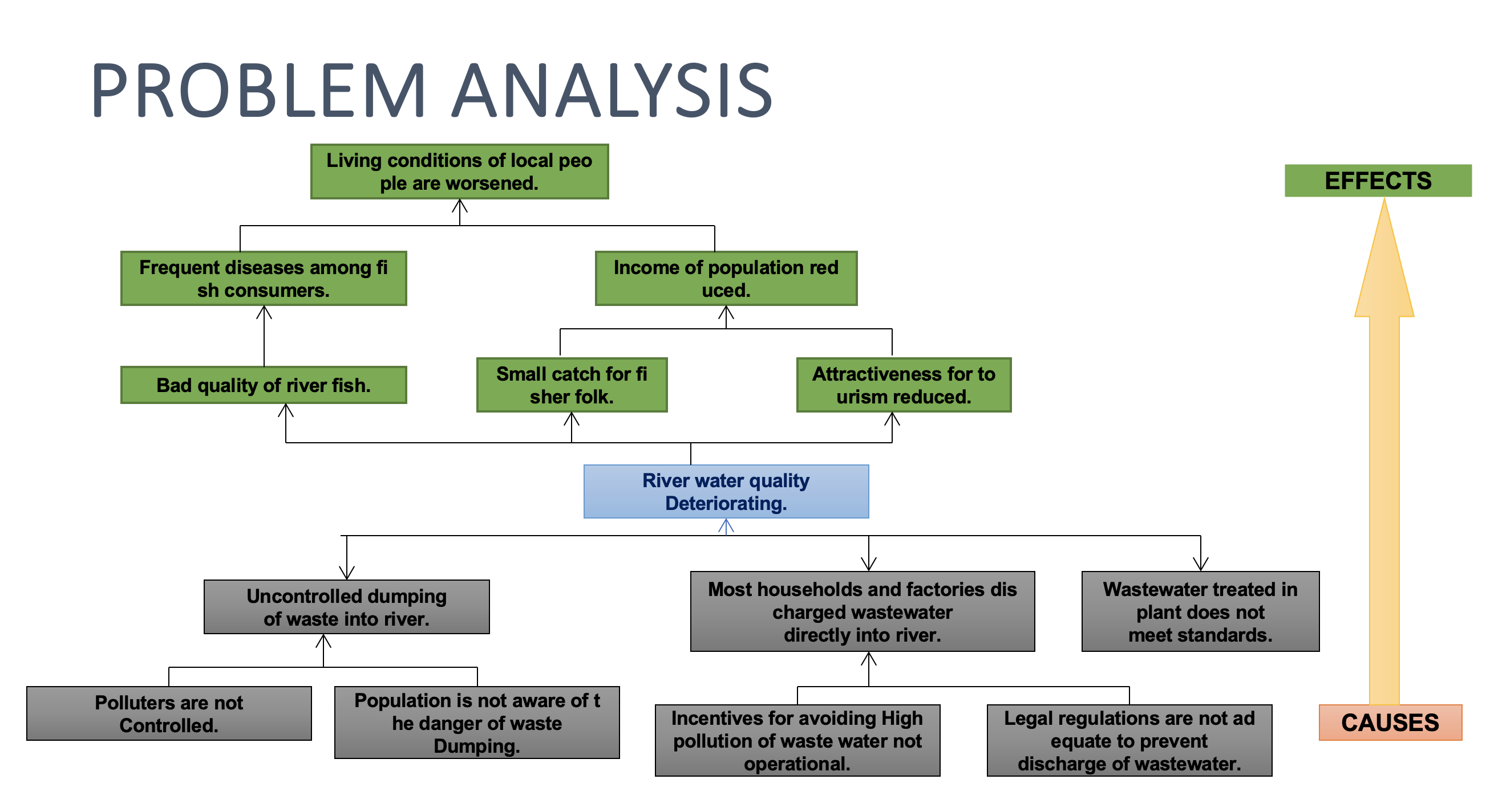 Problems Analysis visually represents the causes and effects of existing problems in the project area, in the form of a Problem Tree